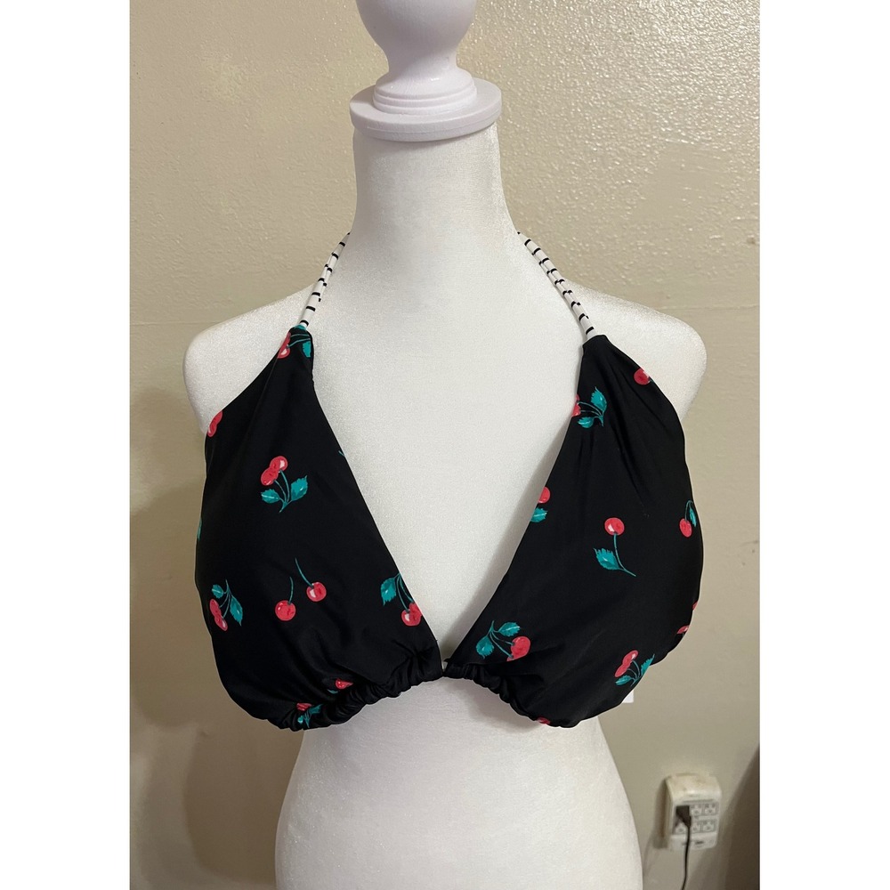 Cacique Swim Cherry Print Triangle Bikini Top Black Striped Ties Size 22 NEW